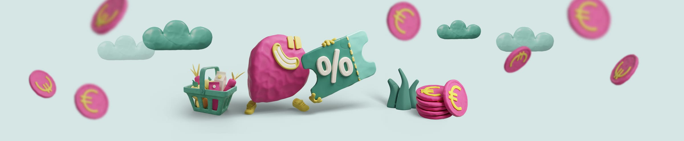 REWE Bonus: Euro-Münzen, Einkaufskorb und Bo